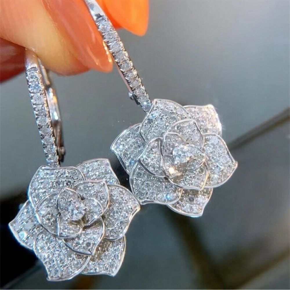 Gorgeous 14k Gold Plated Silver Diamond Flower Drop Earrings